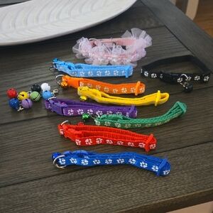 Set Of 9 Colorful Pet Collars with Paw Prints & Bells, NWT.